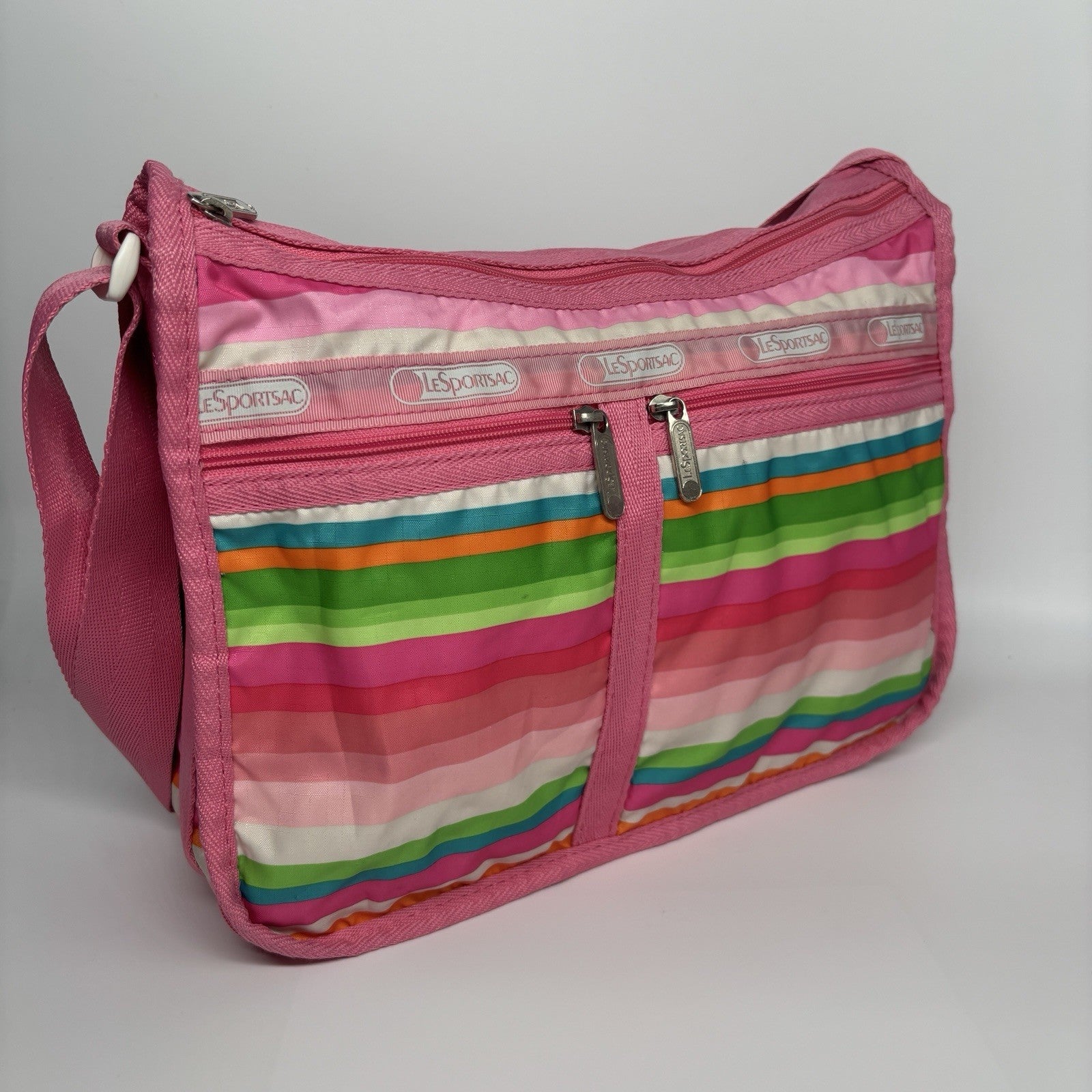 Genuine LeSportSac Expandable Crossbody Bag Pink Multi Coloured Stripe Print