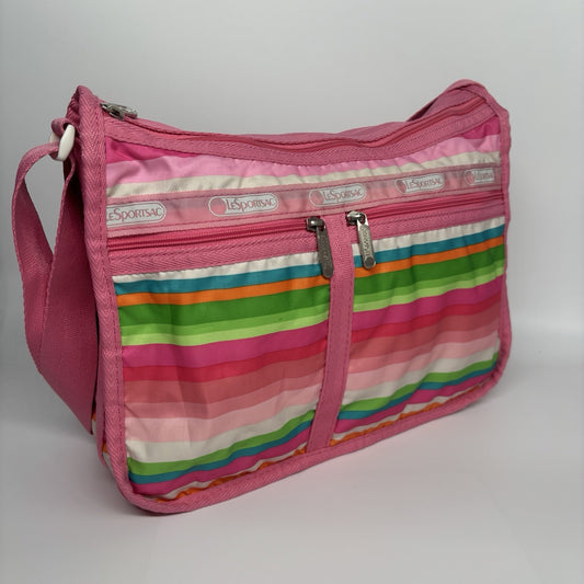 Genuine LeSportSac Expandable Crossbody Bag Pink Multi Coloured Stripe Print