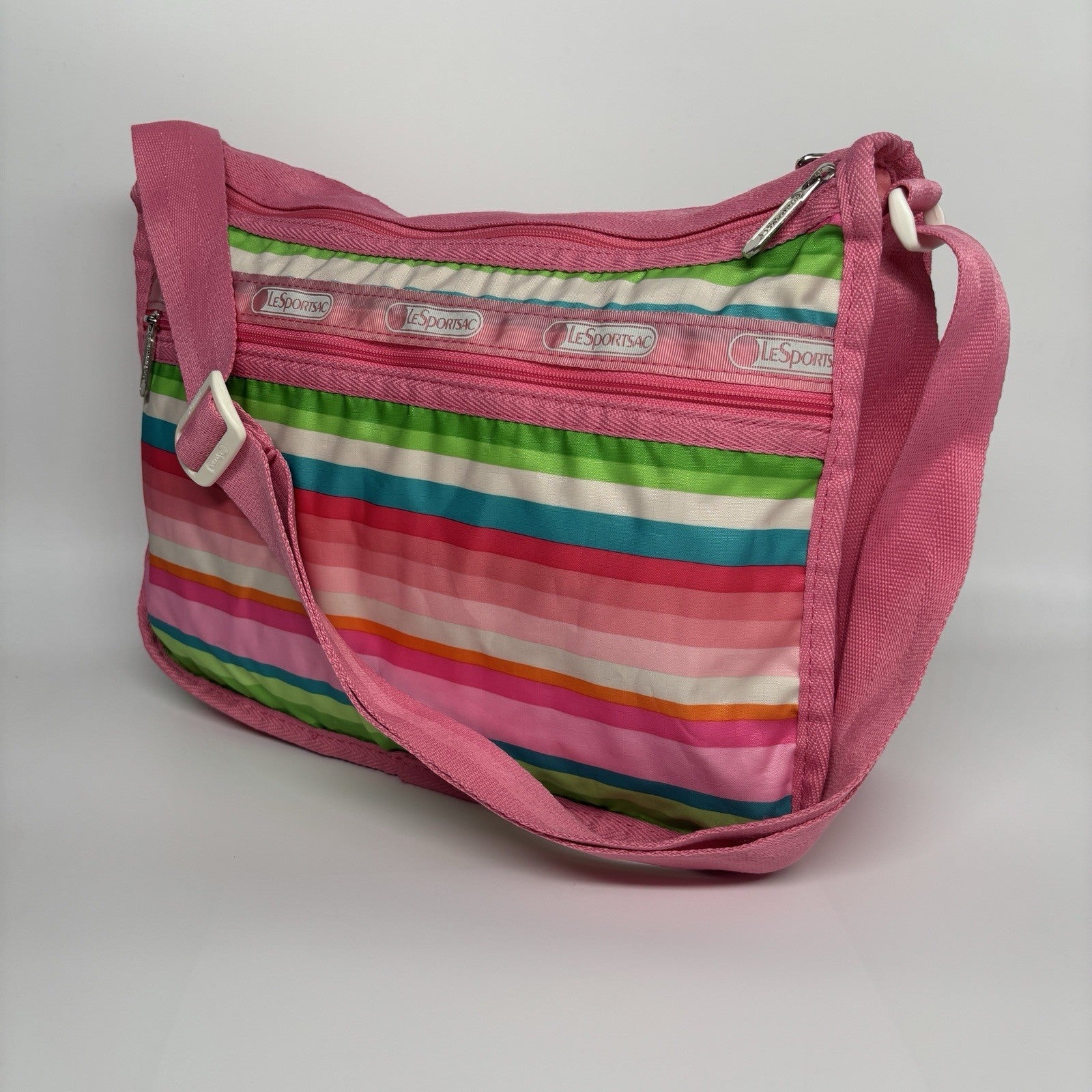 Genuine LeSportSac Expandable Crossbody Bag Pink Multi Coloured Stripe Print