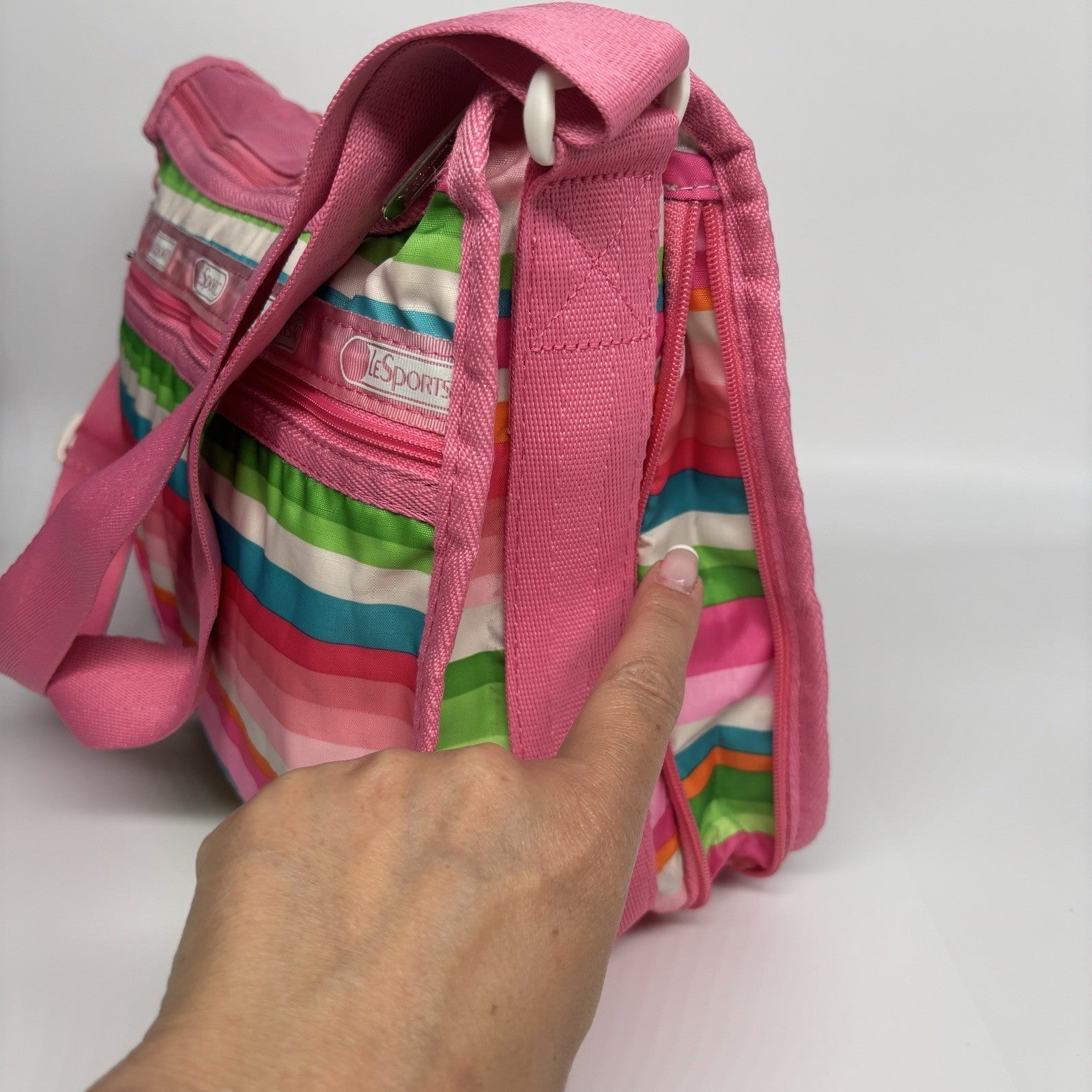Genuine LeSportSac Expandable Crossbody Bag Pink Multi Coloured Stripe Print