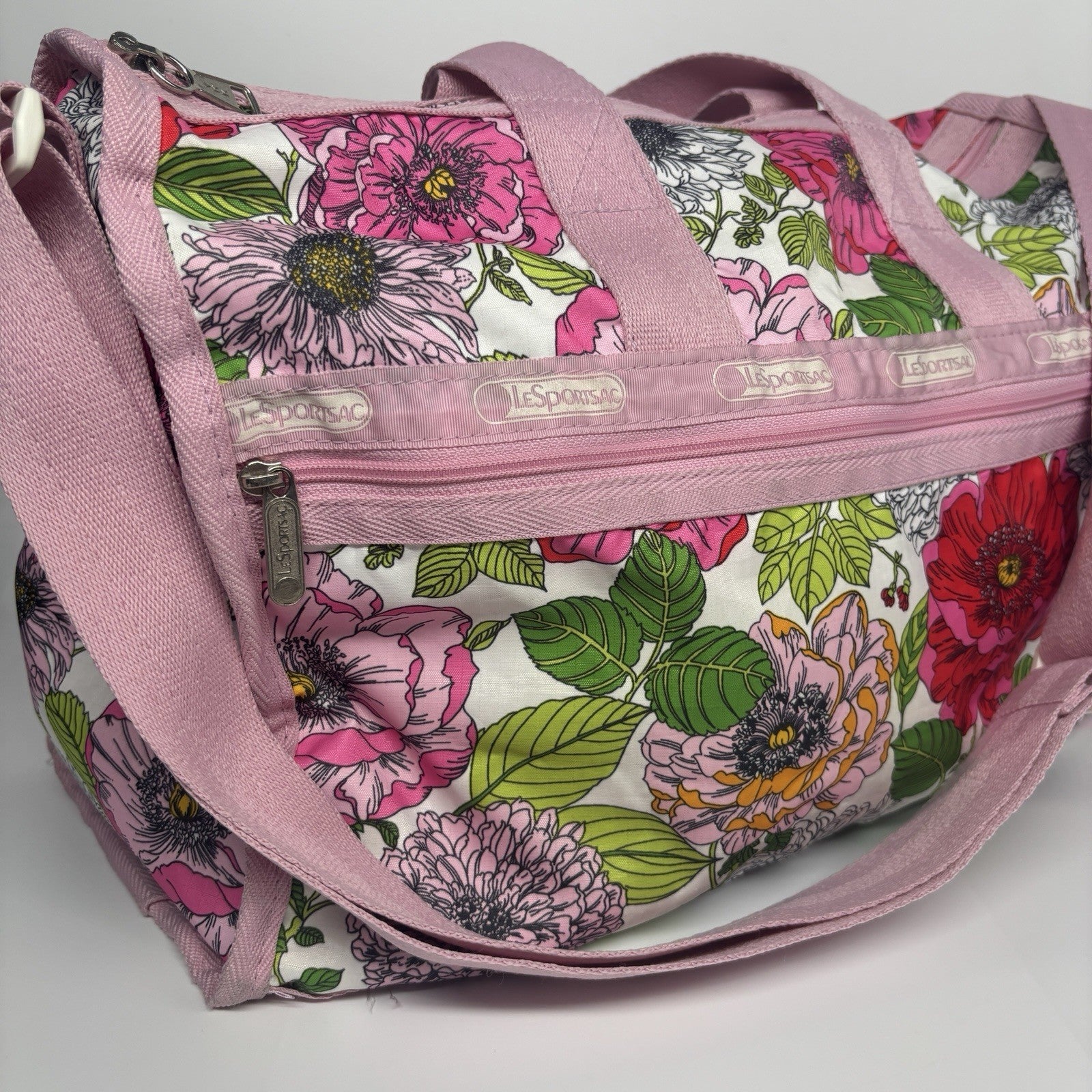 LESPORTSAC Pink Green Floral Duffle Bag