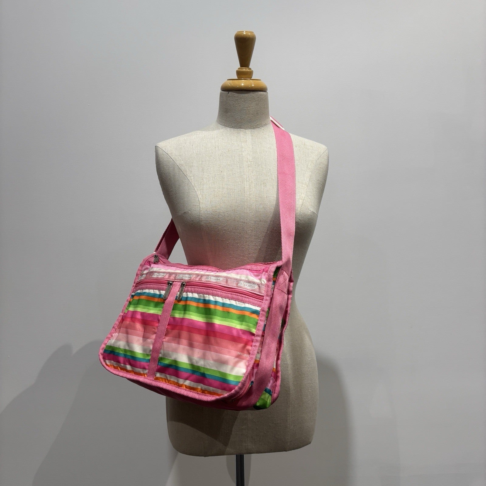 Genuine LeSportSac Expandable Crossbody Bag Pink Multi Coloured Stripe Print