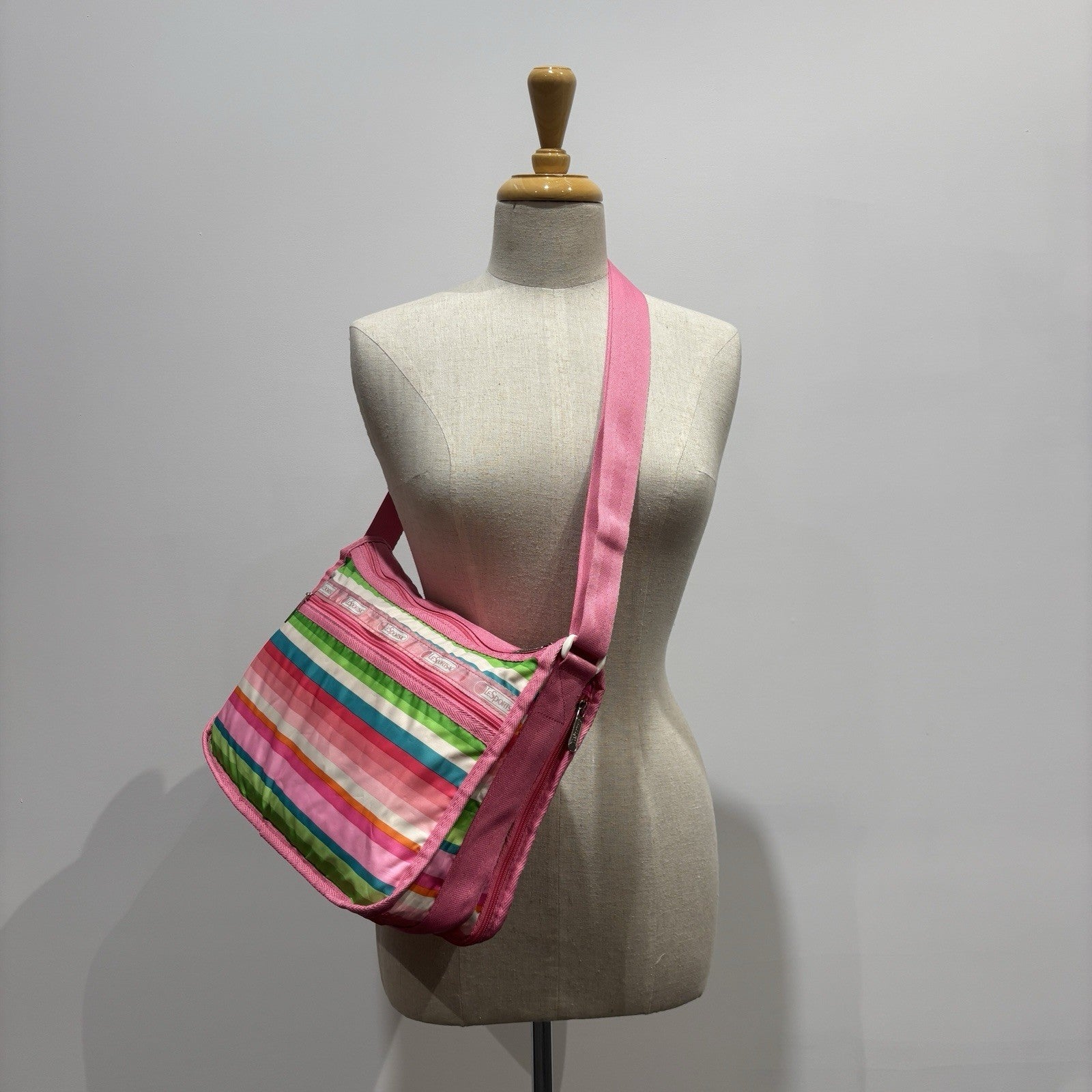 Genuine LeSportSac Expandable Crossbody Bag Pink Multi Coloured Stripe Print