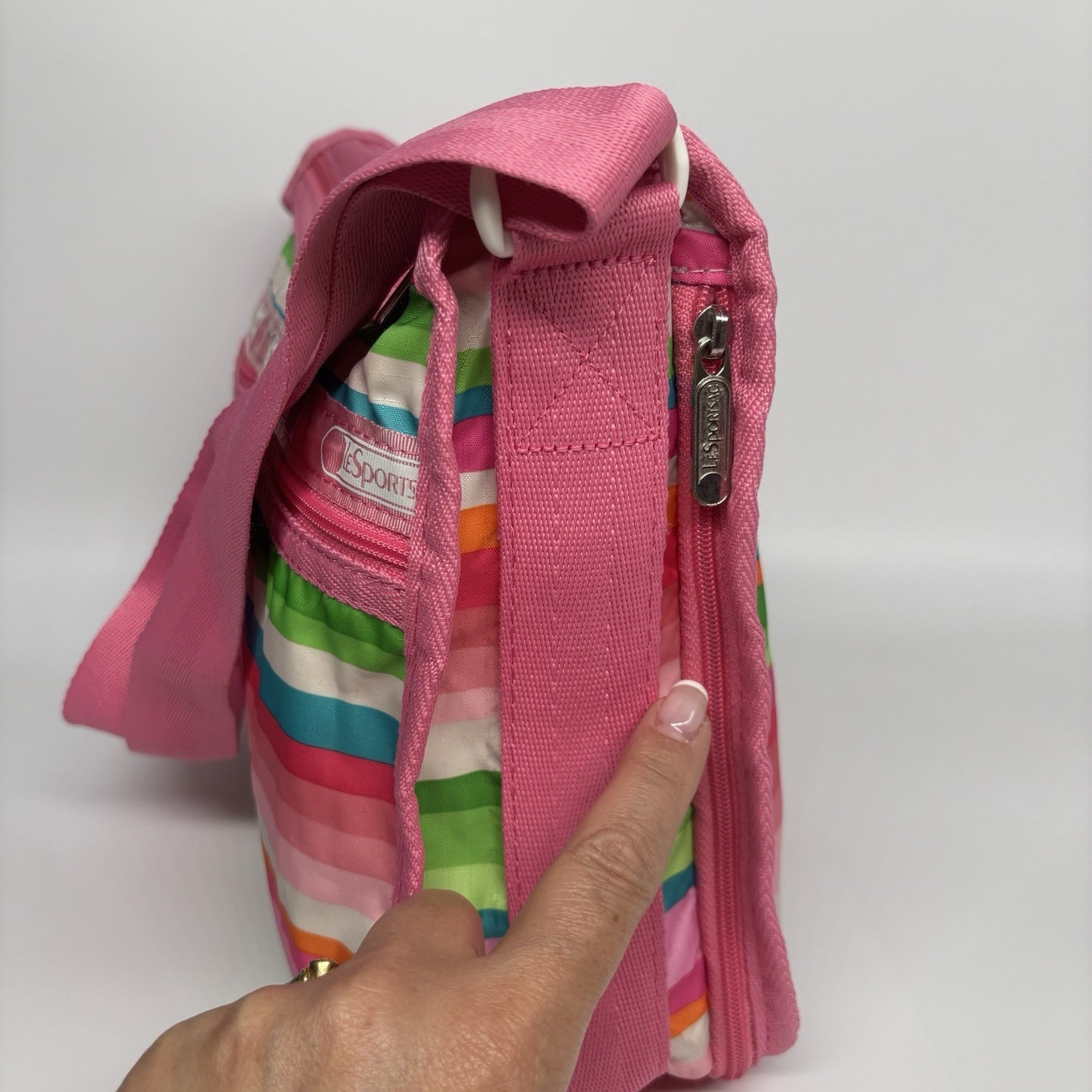 Genuine LeSportSac Expandable Crossbody Bag Pink Multi Coloured Stripe Print